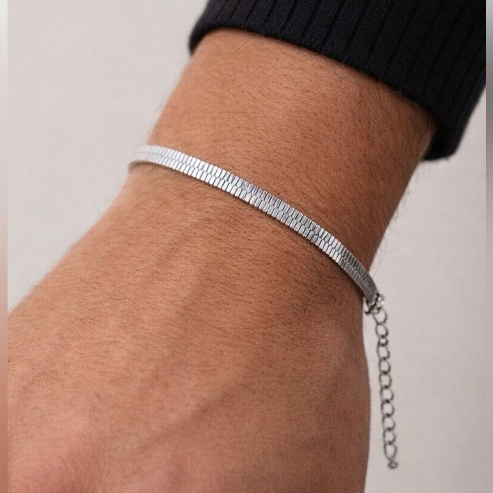 Silver Stainless Steel Herringbone Bracelet Flat Chain Adjustable 6.5 - 8 Inches